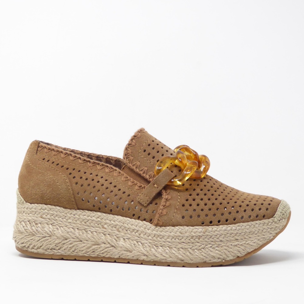 Suede Espadrille Platform Loafer in Tan with Decorative Chain